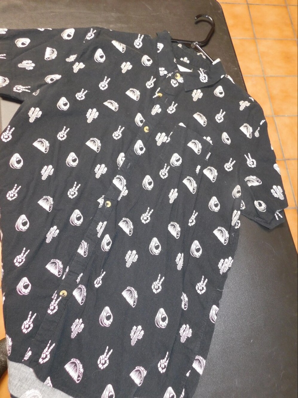 Men's Black Short-Sleeve Button-Down Shirt with White Graphic Print